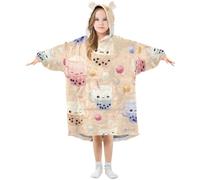 Kids Oversized Blanket Hoodie, Beige Bubble Tea Pattern Warm Fleece Sweatshirt Plush Wearable for Girls Boys, Front Roomy Pocket, Cute Ear Cap, Medium