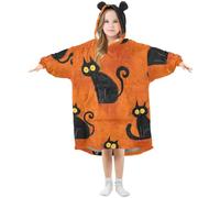Kids Oversized Blanket Hoodie, Black Cat Pattern Warm Fleece Sweatshirt Plush Wearable for Girls Boys, Front Roomy Pocket, Cute Ear Cap, Medium