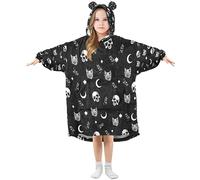 Kids Oversized Blanket Hoodie, Black Skull Sugar Cat Halloween Warm Fleece Sweatshirt Plush Wearable, Front Roomy Pocket, Cute Ear Cap, L
