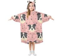 Kids Oversized Blanket Hoodie, Border Collie Pink Pattern Warm Fleece Sweatshirt Plush Wearable for Girls Boys, Front Roomy Pocket, Cute Ear Cap, Medium