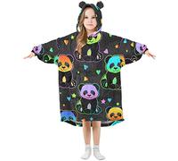 Kids Oversized Blanket Hoodie,Bright Colorful Rainbow Panda Illustration Textile Print Warm Fleece Sweatshirt Plush Wearable for Girls Boys, Front Roomy Pocket, Cute Ear Cap, Small