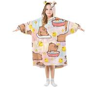 Kids Oversized Blanket Hoodie, Capybara Duck Pattern Warm Fleece Sweatshirt Plush Wearable for Girls Boys, Front Roomy Pocket, Cute Ear Cap, Medium