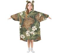Kids Oversized Blanket Hoodie, Capybara Her Cub White Flowers Leaves Warm Plush Wearable Blanket Hoodie Fleece Sweatshirt for Girls Boys with Roomy Pocket Cute Ear Cap