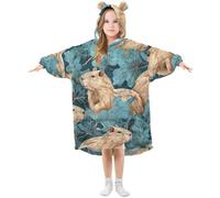 Kids Oversized Blanket Hoodie, Capybaras Leaf Warm Fleece Sweatshirt Plush Wearable for Girls Boys, Front Roomy Pocket, Cute Ear Cap, Medium