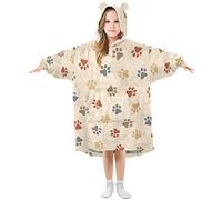 Kids Oversized Blanket Hoodie,Colorful Dog Paws Print Warm Fleece Sweatshirt Plush Wearable for Girls Boys, Front Roomy Pocket, Cute Ear Cap, Medium