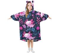 Kids Oversized Blanket Hoodie, Cute Axolotl Pattern Warm Fleece Sweatshirt Plush Wearable for Girls Boys, Front Roomy Pocket, Cute Ear Cap, Medium