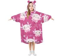 Kids Oversized Blanket Hoodie, Cute Axolotl Pattern Warm Fleece Sweatshirt Plush Wearable for Girls Boys, Front Roomy Pocket, Cute Ear Cap, Medium