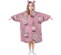 Kids Oversized Blanket Hoodie, Cute Boba Bubble Tea Pink Warm Fleece Sweatshirt Plush Wearable for Girls Boys, Front Roomy Pocket, Cute Ear Cap, Medium