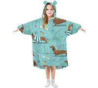 Kids Oversized Blanket Hoodie,Cute Dachshunds Puppy Dog Bone Warm Fleece Sweatshirt Plush Wearable for Girls Boys, Front Roomy Pocket, Cute Ear Cap, Small