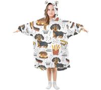Kids Oversized Blanket Hoodie, Dachshund Dog White Warm Plush Wearable Blanket Hoodie Fleece Sweatshirt for Girls Boys with Roomy Pocket Cute Ear Cap