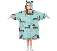 Kids Oversized Blanket Hoodie, Dachshund Dogs In Love Hearts Blue Warm Fleece Sweatshirt Plush Wearable for Girls Boys, Front Roomy Pocket, Cute Ear Cap