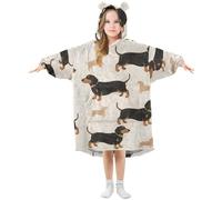 Kids Oversized Blanket Hoodie, Dachshund Pattern Warm Fleece Sweatshirt Plush Wearable for Girls Boys, Front Roomy Pocket, Cute Ear Cap, Large
