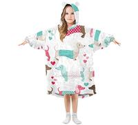 Kids Oversized Blanket Hoodie, Dachshund Puppy Dogs Red Hearts Love Warm Fleece Sweatshirt Plush Wearable for Girls Boys, Front Roomy Pocket, Cute Ear Cap