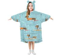 Kids Oversized Blanket Hoodie, Dachshund Puppy Dogs Surfing Waves Warm Fleece Sweatshirt Plush Wearable for Girls Boys, Front Roomy Pocket, Cute Ear Cap
