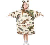 Kids Oversized Blanket Hoodie, Dinosaur Word Pattern Warm Fleece Sweatshirt Plush Wearable for Girls Boys, Front Roomy Pocket, Cute Ear Cap, Large