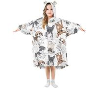 Kids Oversized Blanket Hoodie, Dog Puppy Pug French Bulldog Beagle Warm Fleece Sweatshirt Plush Wearable for Girls Boys, Front Roomy Pocket, Cute Ear Cap