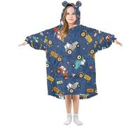 Kids Oversized Blanket Hoodie, Farm Tractors Navy Beautiful Cat Outer Space Warm Fleece Sweatshirt Plush Wearable, Front Roomy Pocket, Cute Ear Cap, L