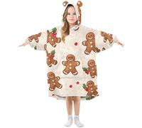 Kids Oversized Blanket Hoodie, Gingerbread Man Pattern Warm Fleece Sweatshirt Plush Wearable for Girls Boys, Front Roomy Pocket, Cute Ear Cap, Medium