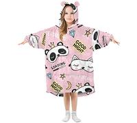 Kids Oversized Blanket Hoodie, Good Night Panda Cat Pink Warm Fleece Sweatshirt Plush Wearable for Girls Boys, Front Roomy Pocket, Cute Ear Cap