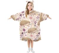 Kids Oversized Blanket Hoodie, Hedgehog Flower Warm Fleece Sweatshirt Plush Wearable for Girls Boys, Front Roomy Pocket, Cute Ear Cap, Small