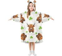 Kids Oversized Blanket Hoodie, Highland Cow Clover Warm Fleece Sweatshirt Plush Wearable for Girls Boys, Front Roomy Pocket, Cute Ear Cap, Medium