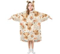 Kids Oversized Blanket Hoodie, Highland Cow Flower Pattern Warm Fleece Sweatshirt Plush Wearable for Girls Boys, Front Roomy Pocket, Cute Ear Cap, Large
