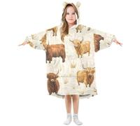 Kids Oversized Blanket Hoodie, Highland Cow Pattern Warm Fleece Sweatshirt Plush Wearable for Girls Boys, Front Roomy Pocket, Cute Ear Cap, Medium