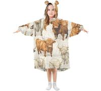 Kids Oversized Blanket Hoodie, Highland Cows Warm Fleece Sweatshirt Plush Wearable for Girls Boys, Front Roomy Pocket, Cute Ear Cap, Large