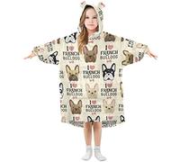 Kids Oversized Blanket Hoodie, I Love French Bulldog Vintage Warm Fleece Sweatshirt Plush Wearable for Girls Boys, Front Roomy Pocket, Cute Ear Cap