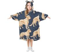 Kids Oversized Blanket Hoodie, Labrador Golden Retriever Dog Blue Warm Plush Wearable Blanket Hoodie Fleece Sweatshirt for Girls Boys with Roomy Pocket Cute Ear Cap