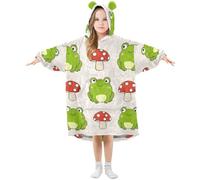 Kids Oversized Blanket Hoodie, Mushroom Frog Pattern Warm Fleece Sweatshirt Plush Wearable for Girls Boys, Front Roomy Pocket, Cute Ear Cap, Large