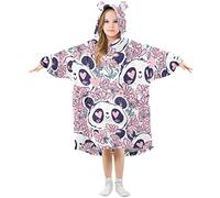 Kids Oversized Blanket Hoodie, Panda Bear Flowers Warm Fleece Sweatshirt Plush Wearable for Girls Boys, Front Roomy Pocket, Cute Ear Cap