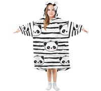 Kids Oversized Blanket Hoodie, Panda Bear Striped Warm Fleece Sweatshirt Plush Wearable for Girls Boys, Front Roomy Pocket, Cute Ear Cap