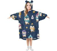 Kids Oversized Blanket Hoodie, Penguin Stars Pattern Warm Fleece Sweatshirt Plush Wearable for Girls Boys, Front Roomy Pocket, Cute Ear Cap, Medium
