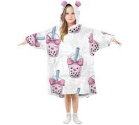 Kids Oversized Blanket Hoodie, Pink Bow Boba Bubble Tea Warm Fleece Sweatshirt Plush Wearable for Girls Boys, Front Roomy Pocket, Cute Ear Cap, Large