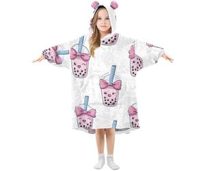 Kids Oversized Blanket Hoodie, Pink Bow Boba Bubble Tea Warm Fleece Sweatshirt Plush Wearable for Girls Boys, Front Roomy Pocket, Cute Ear Cap, Small