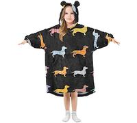 Kids Oversized Blanket Hoodie, Puppy Pug Dog Imal Dachshund Warm Fleece Sweatshirt Plush Wearable for Girls Boys, Front Roomy Pocket, Cute Ear Cap