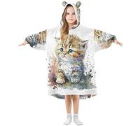 Kids Oversized Blanket Hoodie, Rainbow Kitten Cat Beautiful Cat Outer Space Warm Fleece Sweatshirt Plush Wearable, Front Roomy Pocket, Cute Ear Cap, M