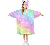 Kids Oversized Blanket Hoodie, Rainbow Unicorn Galaxy Starry Warm Fleece Sweatshirt Plush Wearable for Girls Boys, Front Roomy Pocket, Cute Ear Cap