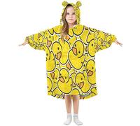 Kids Oversized Blanket Hoodie, Rubber Duck Cartoon Character Print Warm Fleece Sweatshirt Plush Wearable, Front Roomy Pocket, Cute Ear Cap, S