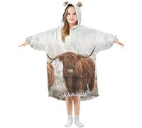 Kids Oversized Blanket Hoodie, Scottish Highland Cow Warm Fleece Sweatshirt Plush Wearable for Girls Boys, Front Roomy Pocket, Cute Ear Cap