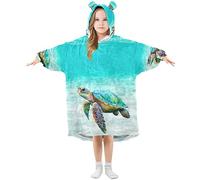 Kids Oversized Blanket Hoodie, Sea Turtle Teal Beautiful Cat Outer Space Warm Fleece Sweatshirt Plush Wearable, Front Roomy Pocket, Cute Ear Cap, L