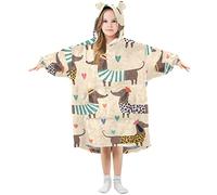 Kids Oversized Blanket Hoodie, Seamless Dachshund Puppy Dogs Hearts Love Warm Fleece Sweatshirt Plush Wearable for Girls Boys, Front Roomy Pocket, Cute Ear Cap