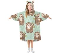 Kids Oversized Blanket Hoodie, Sloth Pattern Warm Fleece Sweatshirt Plush Wearable for Girls Boys, Front Roomy Pocket, Cute Ear Cap, Medium