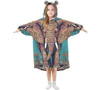 Kids Oversized Blanket Hoodie, Teal Elephant Mandala Beautiful Cat Outer Space Warm Fleece Sweatshirt Plush Wearable, Front Roomy Pocket, Cute Ear Cap, M
