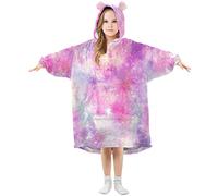 Kids Oversized Blanket Hoodie,Unicorn Galaxy Print Warm Fleece Sweatshirt Plush Wearable for Girls Boys, Front Roomy Pocket, Cute Ear Cap, Large