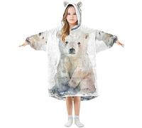 Kids Oversized Blanket Hoodie, White Polar Bear Beautiful Cat Outer Space Warm Fleece Sweatshirt Plush Wearable, Front Roomy Pocket, Cute Ear Cap, L