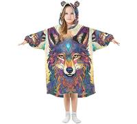 Kids Oversized Blanket Hoodie, Wolf Mandala Flower Beautiful Cat Outer Space Warm Fleece Sweatshirt Plush Wearable, Front Roomy Pocket, Cute Ear Cap, L