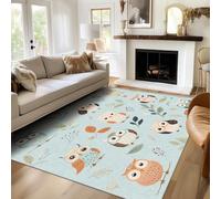 Kids Owl Rug, 60 x 110 cm, Animal Leaves Blue Rugs for Living Room, Bedroom Decor Design Floor Carpet, Washable, Low Pile