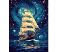 Kids Paint by Numbers Ship Paint by Numbers for Adults Starry Night, Easy DIY Art Kits for Children Beginners, Acrylic Oil Painting Kits with Brushes, Creat Gifts Home Decor Accessories 30x40cm L2-340